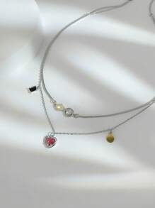 1pc Fashion Niche Design Pink Rhinestone Heart Multicolor Zirconia Double Layer 925 Silver Decorative Pendant Necklace, Suitable For Women's Daily Wear And Outfit Matching - Silver - View 4