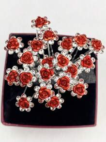 Juego de 20 horquillas para el pelo con forma de rosa roja, con diamantes de imitación y flores rojas, pequeñas pinzas para el pelo, accesorios para el pelo con forma de rosa, pinzas para el pelo con flores pequeñas, pinzas decorativas para el pelo rojas para mujer, para celebrar el día de San Valentín y festivales