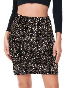 Women's Sparkly Sequin Skirt Mid Waist Glitter Party Club Velvet Skirts - Black and Gold - 查看 1