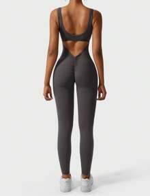 YEOREO Sleeveless Jumpsuits For Women Sexy Backless Gym Bodycon Lizvette V Back Scrunch Butt Rompers - 深灰 - 查看 1