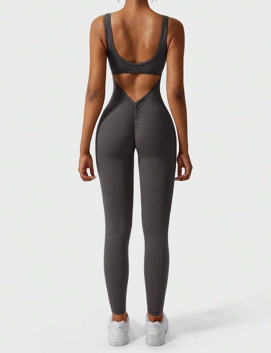 YEOREO Sleeveless Jumpsuits For Women Sexy Backless Gym Bodycon Lizvette V Back Scrunch Butt Rompers - 深灰 - 查看 1