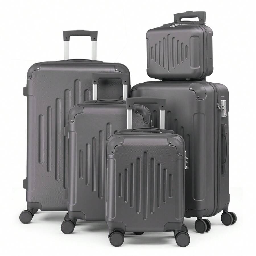 5 Piece Suitcase Set With Corner Protectors, 12/16/20/24/28 Inch Durable Hard Shell 360 Degree Spinner Wheels Large Capacity Multifunctional Lightweight Travel Suitcase - 深灰色 - 查看 1
