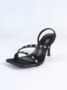 Sapatos de salto agulha femininos com bico quadrado preto e decoração com strass, sandálias casuais, versáteis, confortáveis e elegantes, sapatos de festa que marcam a moda para altura e alongamento das pernas - Preto - Ver 6
