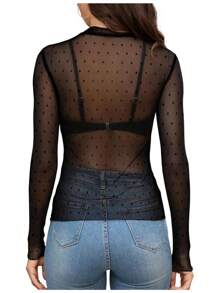 Women's Mesh Long Sleeve Top, Lace Sheer Blouse, Stand Collar Polka Dot See-Through Shirt, Black Dot Fishnet Top - 黑色 - 查看 4