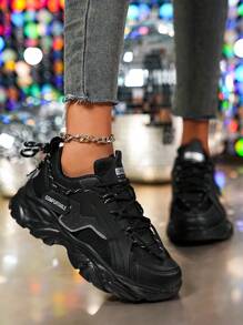 Women's Outdoor Spring/Summer Stylish Fashion Versatile Comfortable Soft Non-Slip Low-Top Solid Black Sneakers Casual Shoes Chunky Sneakers - Black - View 3