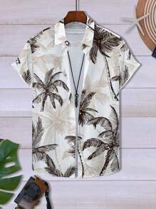 Men's New Summer Tropical Plant Palm Tree Print Casual Vacation Short Sleeve Shirt - White - View 2