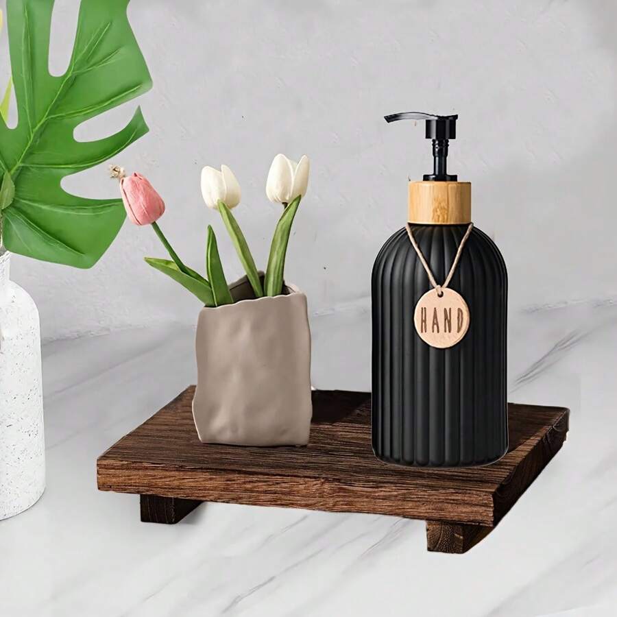 1 Pc Wooden Bathroom Countertop Tray, Striped Soap Holder & Candle Holder Display Stand - Wooden Bathroom Tray, Kitchen Display Tray - Coffee Brown - View 1