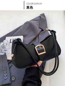 Versatile Minimalist PU Plain Buckle Shoulder Bag, Simple And Fashionable - Black - View 8