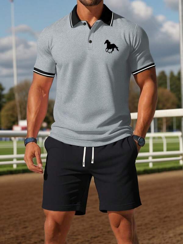 2pcs Summer Outfit - POLO Shirt And Shorts Set: Short Sleeve Polo Tee With Horse Print And 5-Inch Drawstring Waist Casual Shorts, Suitable For Sports, Leisure, Beach And Outdoor Activities