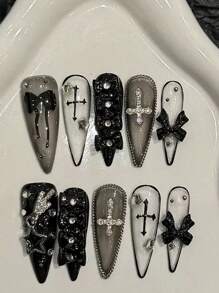 10 件哥特式深色长尖定制手工设计蝴蝶结、金属星星、3D 十字架、各种元素美甲派对、礼物、可重复使用的指甲贴，带果冻凝胶推杆按压指甲美甲用品 - 黑色 - 查看 10