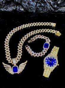 1 Set Angel Wings Red & Blue Gemstone Pendant Bracelet Necklace Men's Watch Gift Set, High-End Gift Box Suitable For Daily Wear, Men's Gift