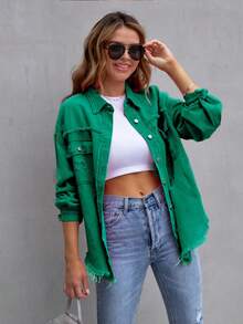 Ladies Single-Breasted Drop Shoulder Long Sleeve Denim Blouse - Dark Green - View 3