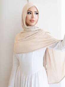 1pc Women Solid Color Viscose Headscarf, Soft Wide-Edged Hijab Scarf, Versatile Sunscreen Shawl, Suitable For Everyday Wear For Dress - Beige - View 3