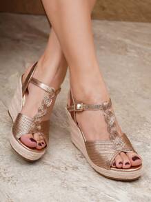 Sandalias de tacón alto de champán con detalles tejidos para mujer, sandalias de plataforma de verano con tira de tobillo y suela de yute, sandalias de cuña para vacaciones y uso al aire libre - Champán - Ver 2