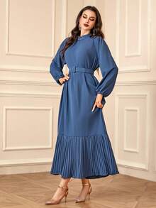 Women's Solid Color Elegant Beaded Pleated Dress, Middle Eastern/Arabic Style - Navy Blue - View 3