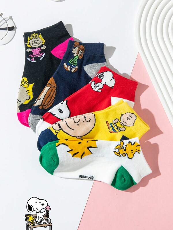 SNOOPY 5 Pairs Women Snoopy Cartoon Print Short Ankle Socks, Men Cartoon Short Socks For Summer, Creative And Interesting Short Socks For Both Men And Women