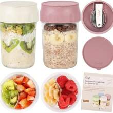 Overnight Oats Containers With Lids, Folding Spoons, And Divided Compartments For Fruit & Nuts, Small Glass 16oz Mason Jars For Oatmeal Yogurt Parfait Storage Jar Christmas Ornaments 2024 - 2 Set-Oat White/Rose Pink - View 1