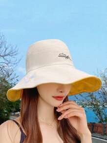 1pc Double-Sided, 3D Tailored, 11cm Wide Brim Hat, Face-Slimming, Adjustable, Soft & Comfortable, Breathable, Foldable & Portable, UV Protection, Floral Accent, Internal Soft Lining, Non-Deformable, Excellent For Photos, Fashionable & , Suitable For Back To School, Travel, Cycling, Outdoor, Hiking, Gatherings And More Occasions