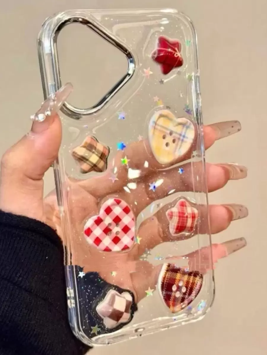 复古英国格子、星星和心形图案手机壳适用于 11、15 ProMax、12、14、14 Pro Max、13 系列 - 全身保护软壳防水防震防摔防刮