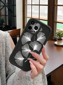 1pc Fashionable Black Ginkgo Leaf & Striped Pattern Anti-Fall Sandblast Phone Case, Compatible With Apple///Redmi/Infinix/Vivo