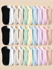 5/10/20/30 pares de calcetines de tobillo básicos de mujer en colores de caramelo sólidos, transpirables y suaves, calcetines invisibles - Multicolor - Ver 9