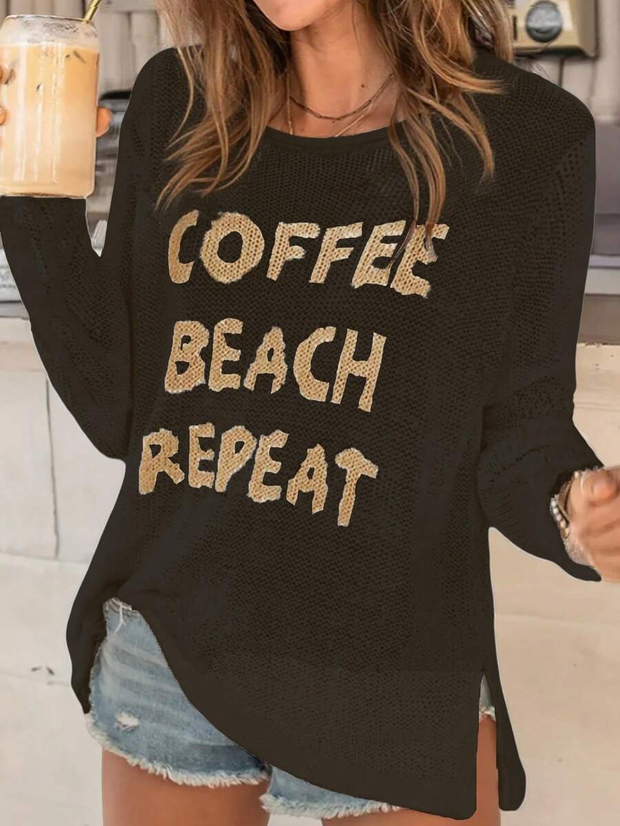 圆领长袖字母针织毛衣，侧开衩，休闲日常装