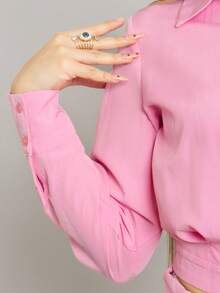 Camisa holgada lisa para dama con cinturones de moda casual - Rosa - Ver 5