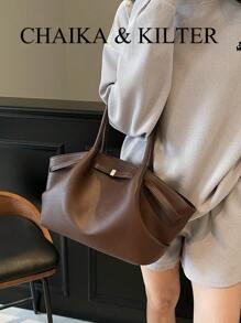 CHAIKA & KILTER 1pc Solid Color PU Leather Shoulder Bag, Women's Retro Casual Large Capacity Tote Bag With Adjustable Strap, Pleated Design, Double Handles, Magnetic Closure, Suitable For Travel, Shopping, Dating, Teenager, College Student, Beginner And White-Collar Workers, Office, School, Work, Business, Commuting, Outdoor, Travel, Hiking, New Fashionable Big Bags For Women , Office Bag - Coffee Brown - View 6