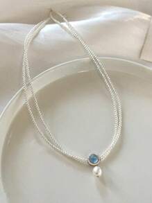 1pc S925 Sterling Silver Blue Sapphire & Pearl Pendant Double-Layer Pearl Necklace For Women, Exquisite Luxury Gift For Girlfriend/Mother On Valentine's Day, Engagement, Proposal