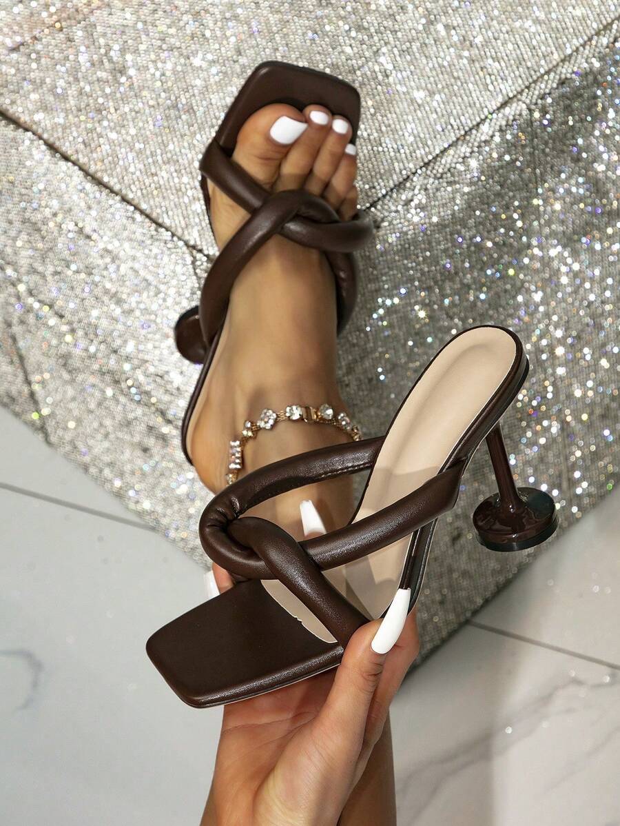 Women's Chunky Heel Mules Sandals, Coffee Brown Open Toe Elegant Versatile Slip-On Stiletto Sandals For Summer - Coffee Brown - View 1