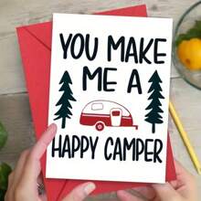 1pc Happy Camper Greeting Card With Envelope – Woodsy Camping Design Featuring Pine Trees & Red Camper, Perfect Gift For Family, Friends, Hikers, And Camping Enthusiasts, Ideal For Any Occasion