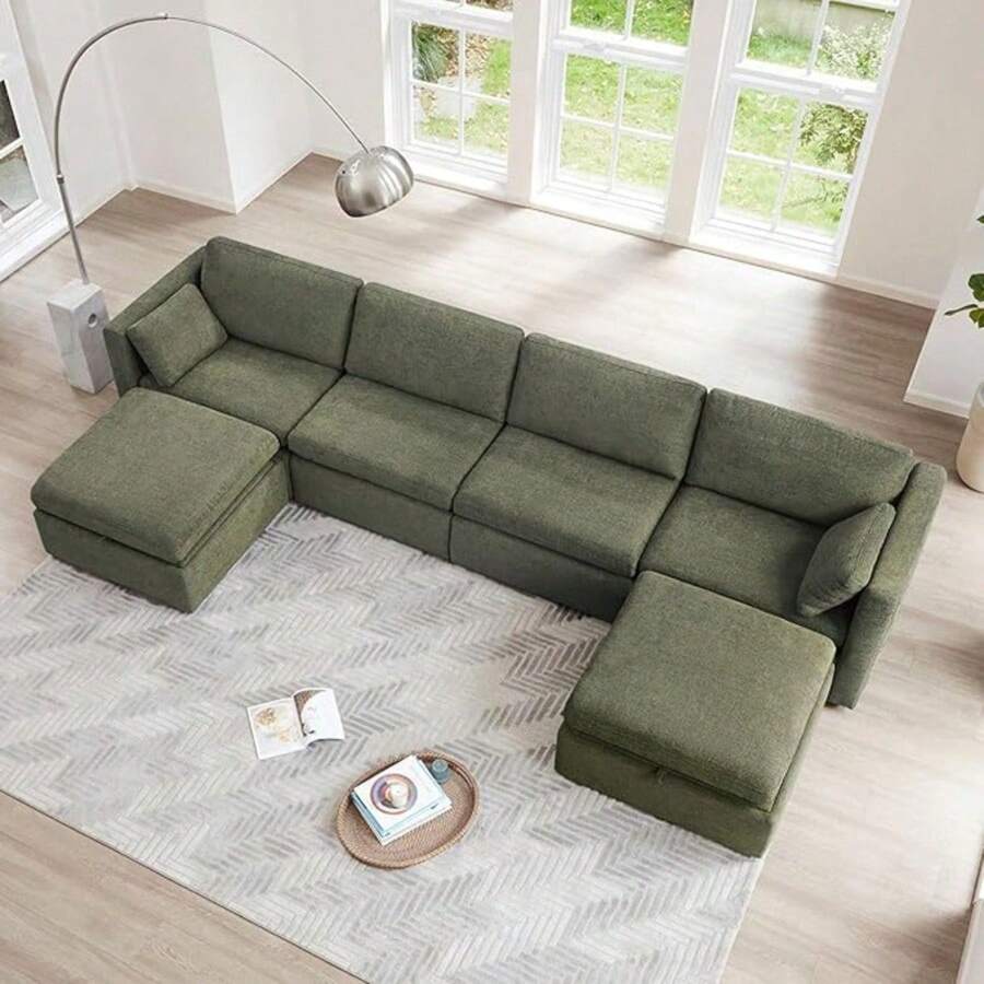 Oversized Modular Sectional Sofa Set,  Extra Large U Shaped Couch With Reversible Chaise Modular Sectional Couch,146 Inch Width,6 Seat Modular Sofa With Storage Ottomans, Moss Green