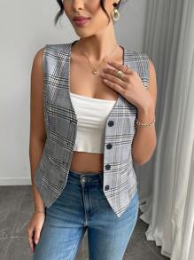 Xadrez Elegante Retro Cintura Fina Simples Colete Sem Mangas, Tecido Tecido Design de Bolso Falso, Primavera/Verão/Outono