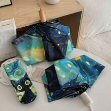 [Van Gogh Inspired, Folding Umbrella] 1pc Black Cat Pattern Folding Umbrella - Van Gogh Inspired, Casual Cute Fashion Style, Manual Open, 8 Ribs, Pongee & Iron Material, Foldable Sunshade With UV Protection