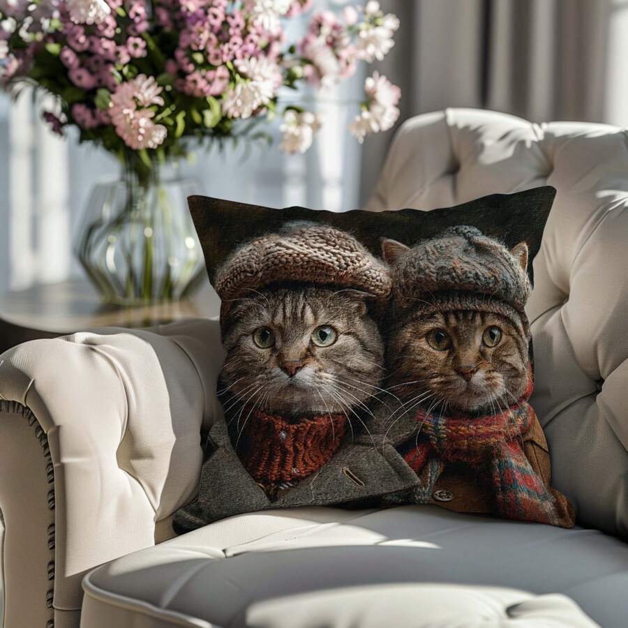 1pc Vintage Fashionable Cat Couple Design Pillow Case, Soft Polyester, 45x45cm - Zippered, Machine Washable Cushion Cover, Suitable For Sofa, Bed, Living Room Decor - Traditional Style, Vivid Pattern, Cat Decor - Multicolor - View 1