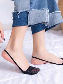 4 双女士夏季简约纯色系列蕾丝设计，心形和花朵系列，舒适透气隐形内衬袜子，带花卉镂空半趾踝袜