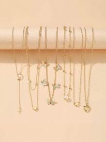 6 Piece Fashion Butterfly, Heart, Star, Moon Necklace Set, Versatile Everyday Accessory For Girl