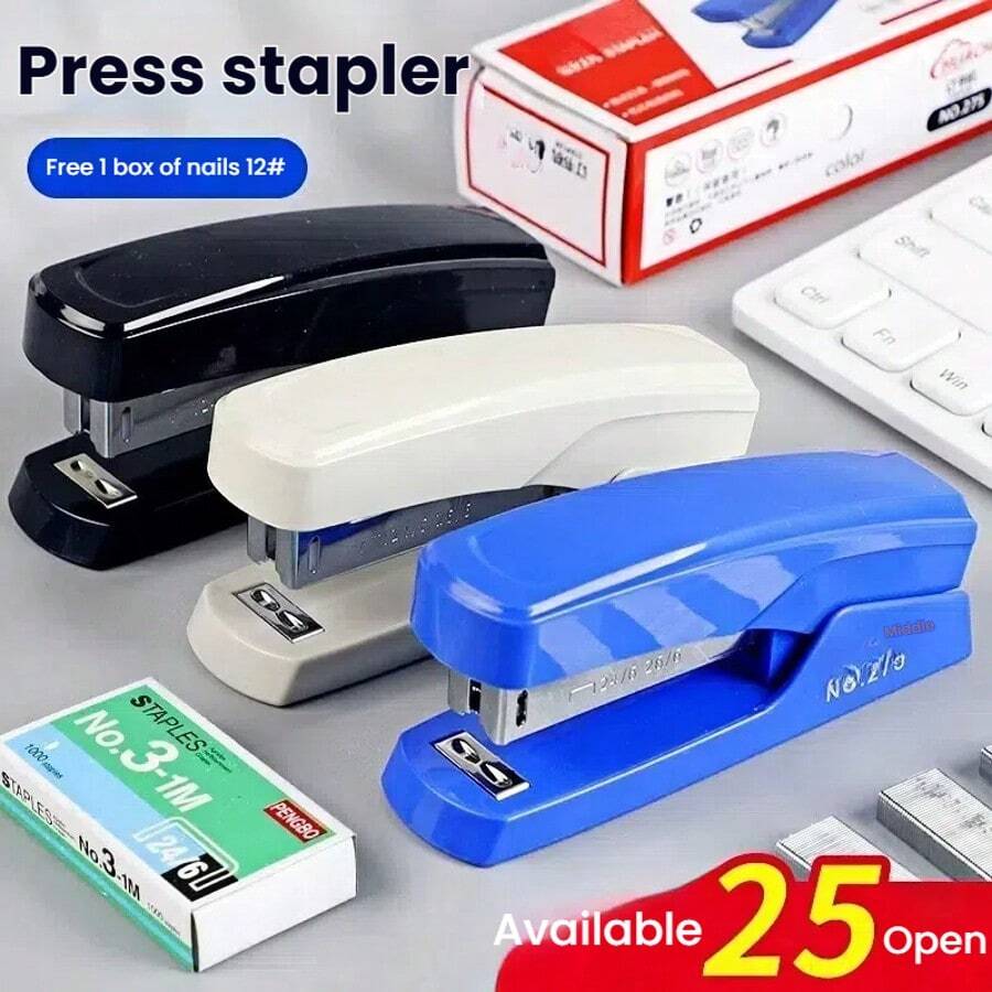 [1 pieza engrapadora + 1 caja de grapas] [3 piezas engrapadora + 3 cajas de grapas] Engrapadora de color aleatorio 12#, suministros de oficina multifuncionales, engrapadora manual resistente para estudiantes, para la temporada de vuelta a clases. [1 caja/1000 piezas de grapas] Compatible con el tamaño 24/6, 26/6