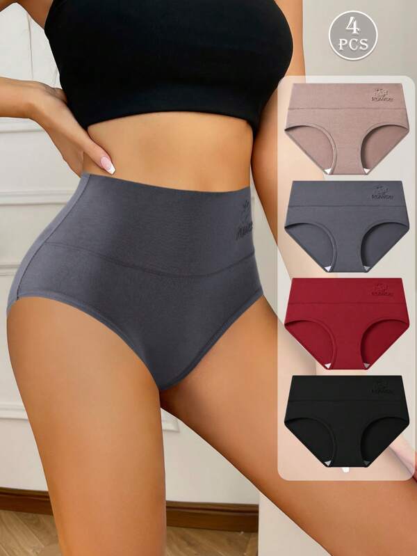 4pcs/Pack Solid Color Elegant Ladies Panties, 3D Embossed Printing Cotton Soft Breathable Underwear, Plus Size Suitable
