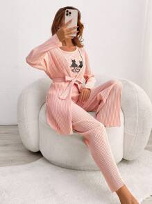 Solid Color Robe, Camisole And Pants Sleepwear Set - Pink - View 3