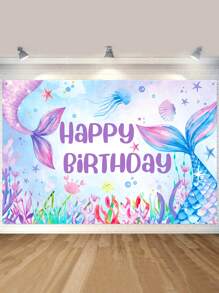 1pc Purple Mermaid Style Background Cloth,Purple Mermaid Tail Pattern Birthday Banner With "Happy Birthday", Background Cloth Perfect Decoration Birthday Party, Birthday Ceremony Family Holiday Party Room Wall Decoration, Outdoor Party Fence Decorations,Birthday Decor