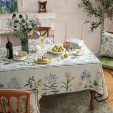 1pc Farmhouse Floral Rectangle Tablecloth, Vintage Linen Leaf & Flower Pattern Design, Suitable For Kitchen, Dining Room Decor, Party Picnic Decoration, Home Accessories