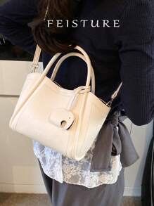 1pc FEISTURE Faux Leather Plain Bucket Bag, Lychee Grain MotherAnd- Tote Bag With Adjustable Shoulder Strap And Magnetic Closure, Suitable For , Ladies, College Students, Young Professionals, Ideal For Work, Business, Commuting, School