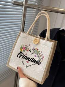 1Set Chic 'Grandma' Letter And Flowers Printed Linen Handbag,Leopard Linen Coin Purse, Block Shopping Bag, Mother's Day Gift Women's Linen Large Capacity Handbag. Multi Functional Portable Women's Gift, Perfect Holiday Bag, Suitable For Daily Travel, Beach Vacation, Large Capacity Shopping Bag, Very Suitable For School, University, Work, Commuting, Outdoor, Travel, Outdoor, Vacation, Etc
