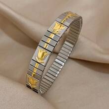 Pulseira elástica ajustável de relógio com estampa de tulipa e amor dourado, 1 peça, aço inoxidável banhado a ouro 18K, joias para mulheres, meninas, casais, presente para mães, Natal, Ação de Graças, Halloween, joias de casamento, presente para aniversário, dia dos namorados, joias boho, festa diária - Multicolorido - Ver 4