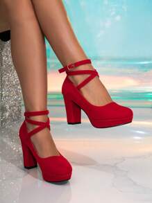 Fall/Winter 2025 Women's Stylish High Heel Platform Closed Toe Red Thick Heel Shoes, All Season, Elegant, Women Pumps