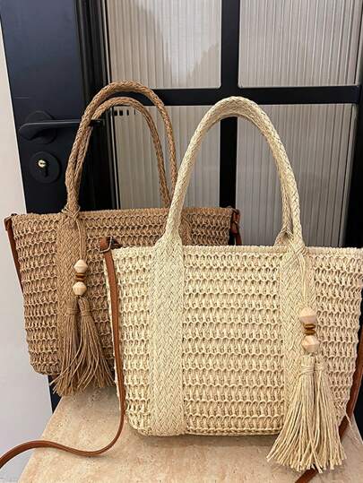 1 pezzo Borsa a tracolla casual da donna per vacanze, grande capacità, con decorazioni a nappine e pendente, stile retrò, con tracolla lunga staccabile, adatta per studentesse universitarie, mamme, donne d'ufficio, borsa a tracolla creativa e personalizzata di moda