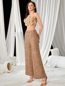 Fashionable Elegant Sexy Party 2pcs Set: Strapless Floral Cutout Crop Top & Wide Leg Sequin Pants - Apricot - View 5