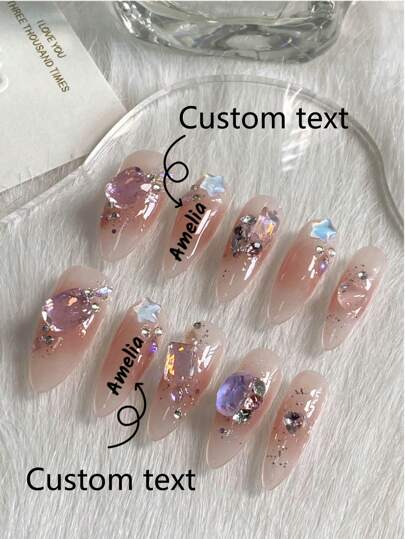 10 Stücke individuelle Aufdrücknägel, mandelförmige Nägel, Vier-Jahreszeiten-Nagelkunst; DIY rosa Farbverlauf Süßwein Musterdesign; Nagel Accessoires wie Strass und Sterne; abnehmbare und wiederverwendbare schwarze Nägel; Nagelpuder, Nagel Glitzer; geeignet für Mädchen, Damen für Bühne, Tanzparty, Party, Hochzeit, Urlaubssituationen, individuelle Nägel; individuelle Texte; individuelle Bilder.