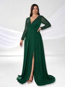 YISIKADO Vestido longo feminino plus size com strass, decote em V profundo, bainha dividida, formal, para festa, banquete, baile, casamento, convidado, jantar - Verde escuro - Ver 4